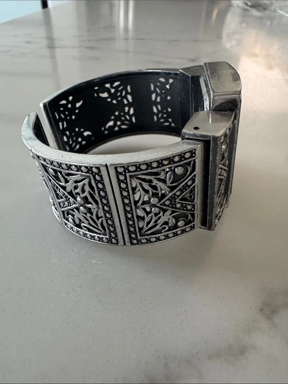 Chico's Silver-Tone Filigree Crystal Square Bracelet Watch
